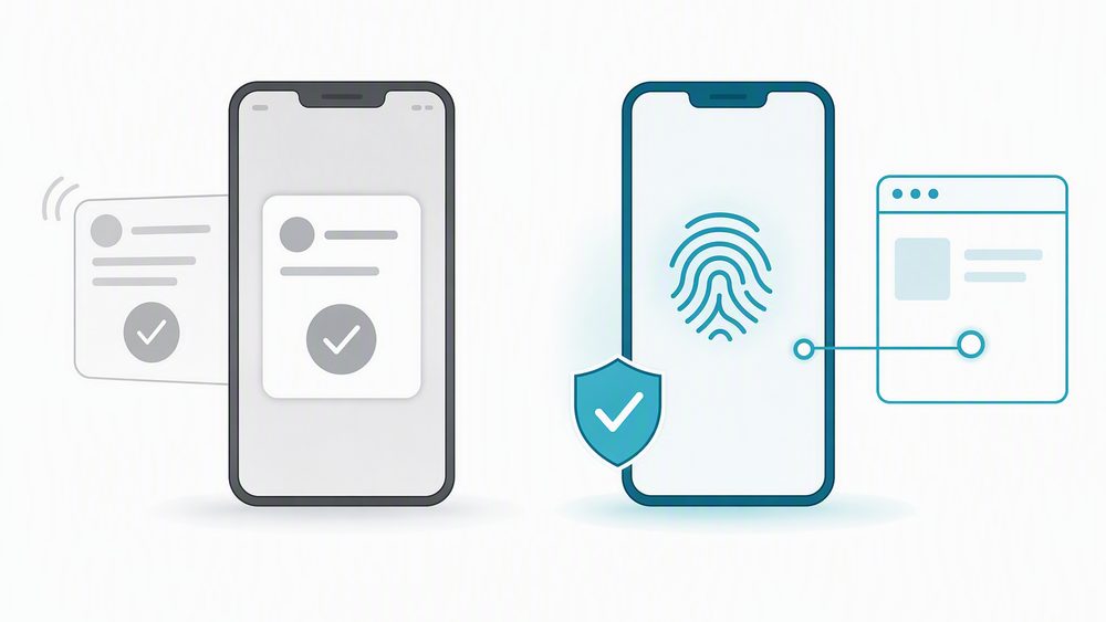 A comparison of a push approval prompt beside a fingerprint-based passkey sign-in